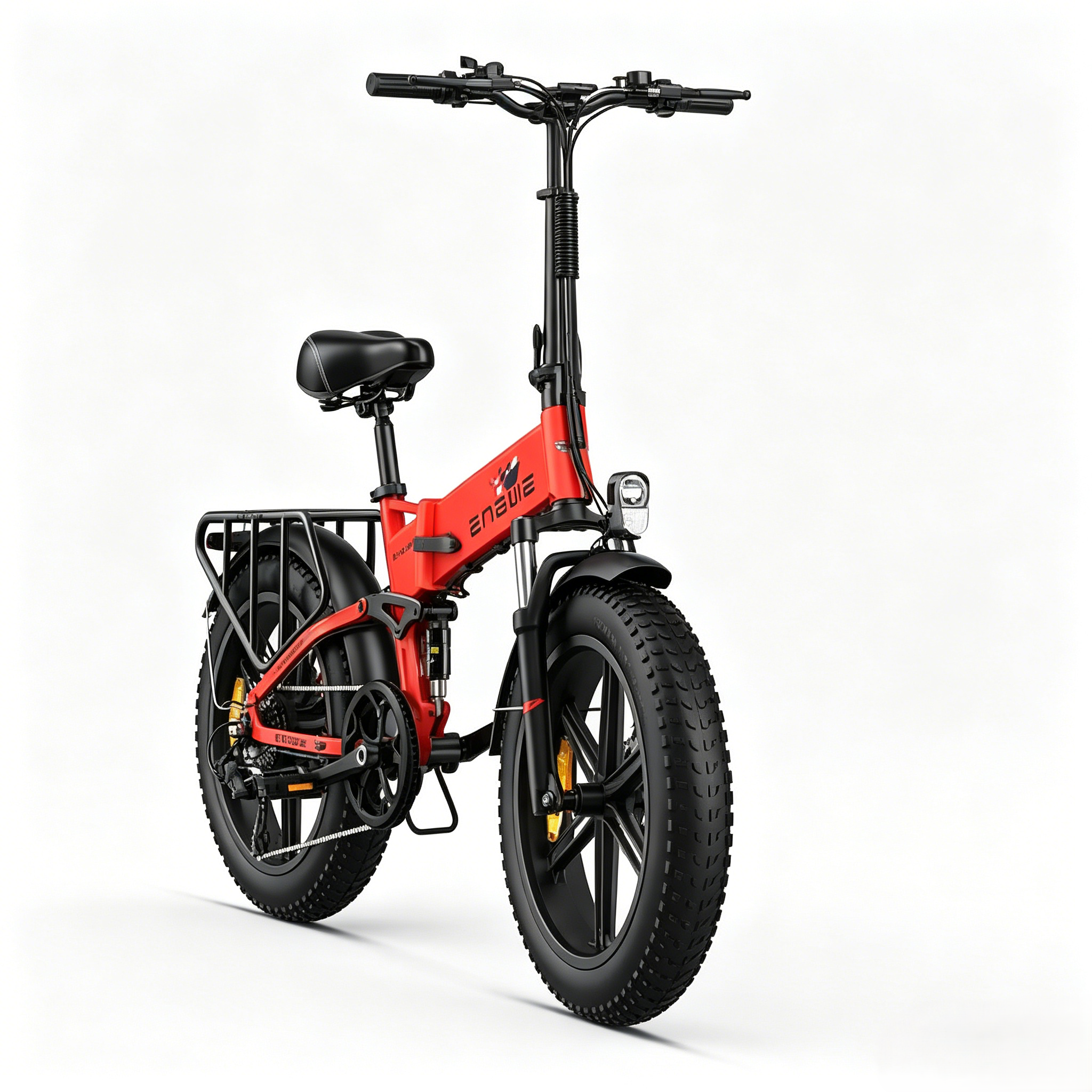 Una bici elettrica pieghevole rossa con pneumatici larghi, portapacchi e fanale.