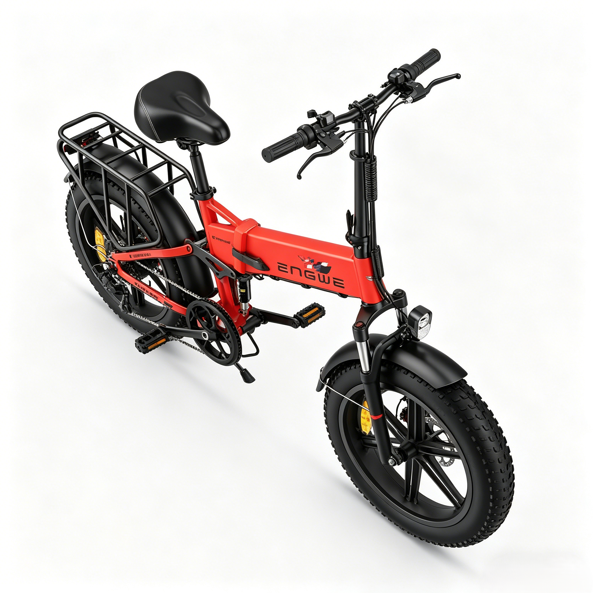 Bicicletta pieghevole rossa con portapacchi nero e pneumatici larghi.