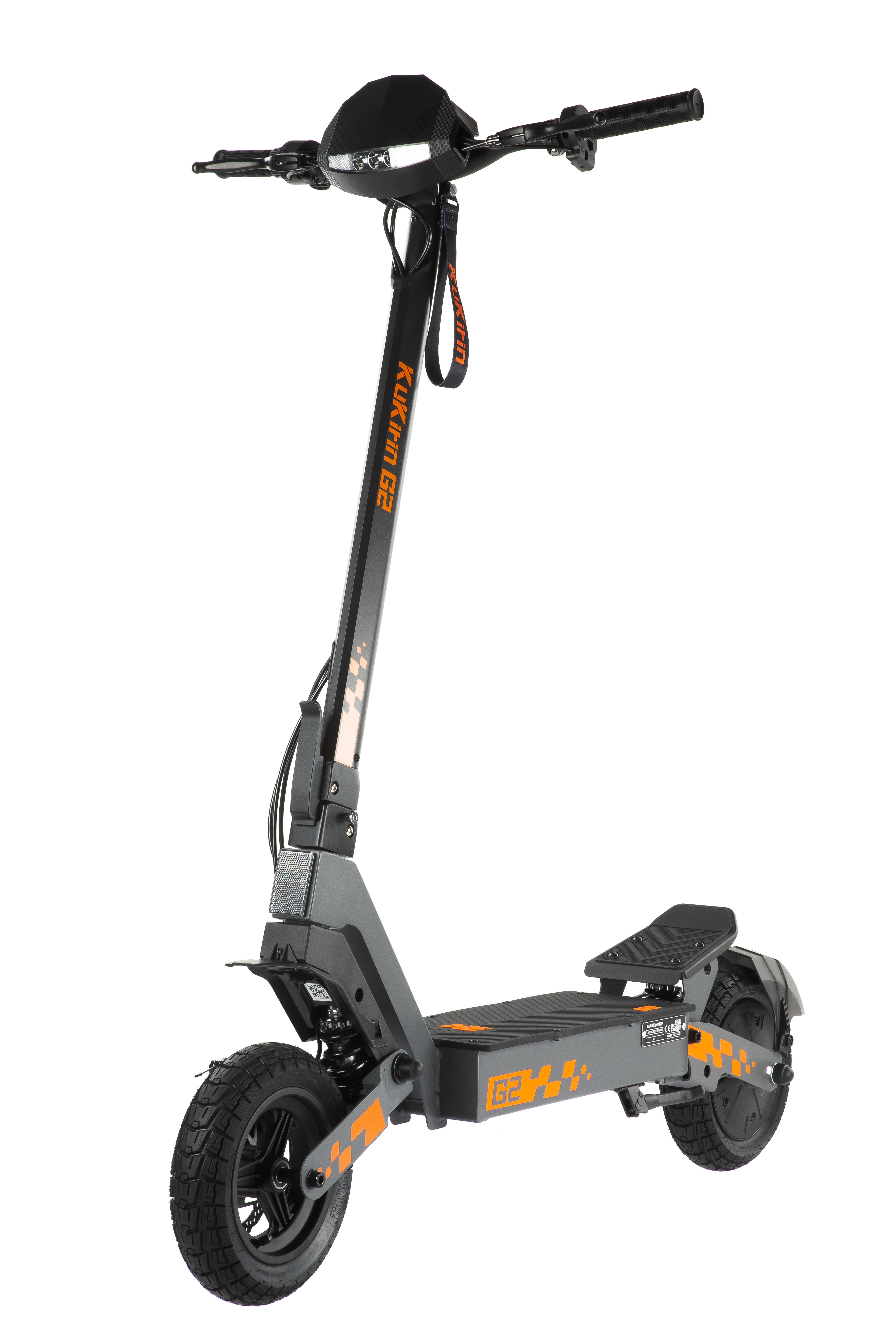 Uno scooter elettrico grigio con accenti arancioni e ruote grandi.