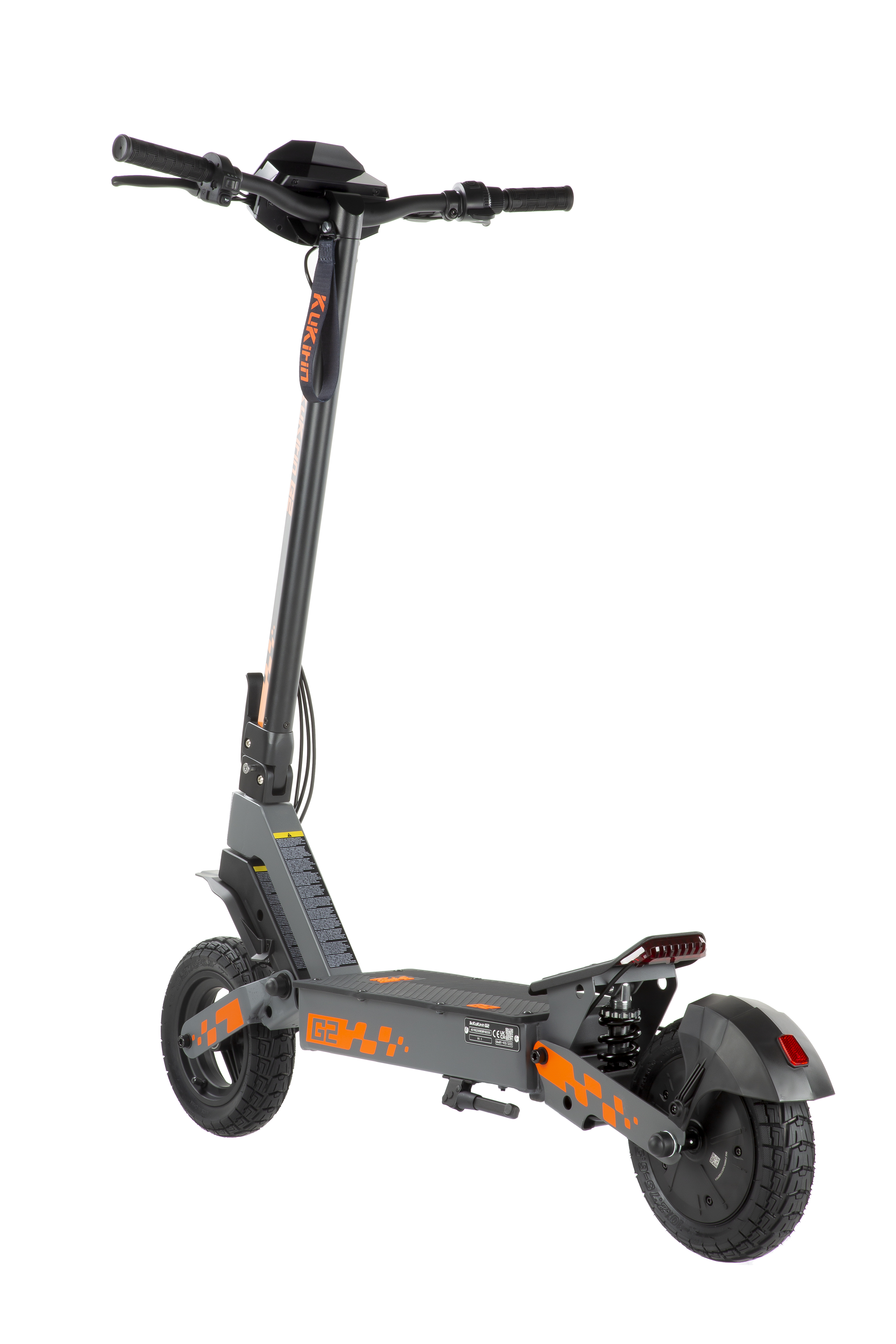 Uno scooter elettrico grigio con accenti arancioni su sfondo bianco.