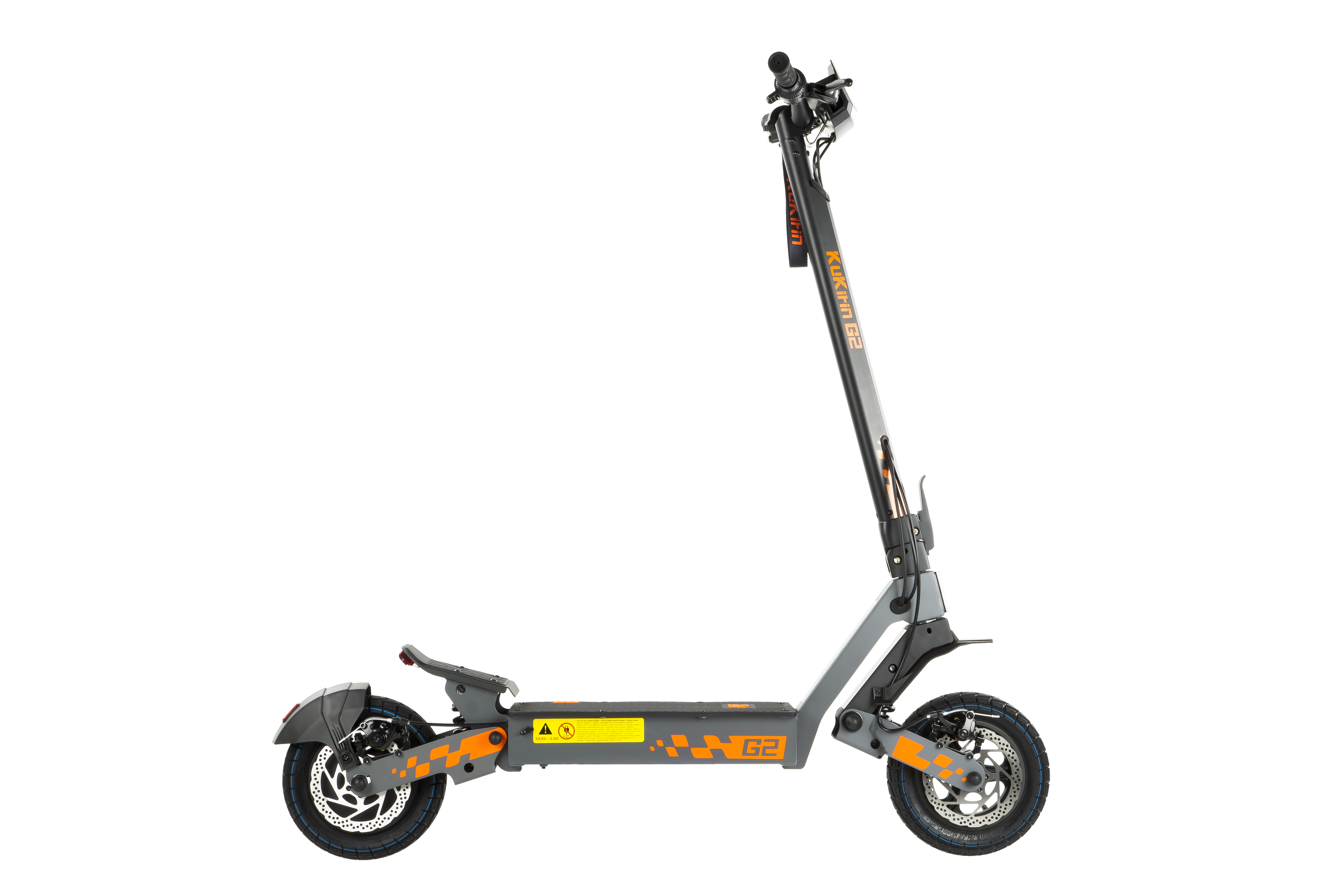 Uno scooter elettrico grigio con accenti arancioni e freni a disco.