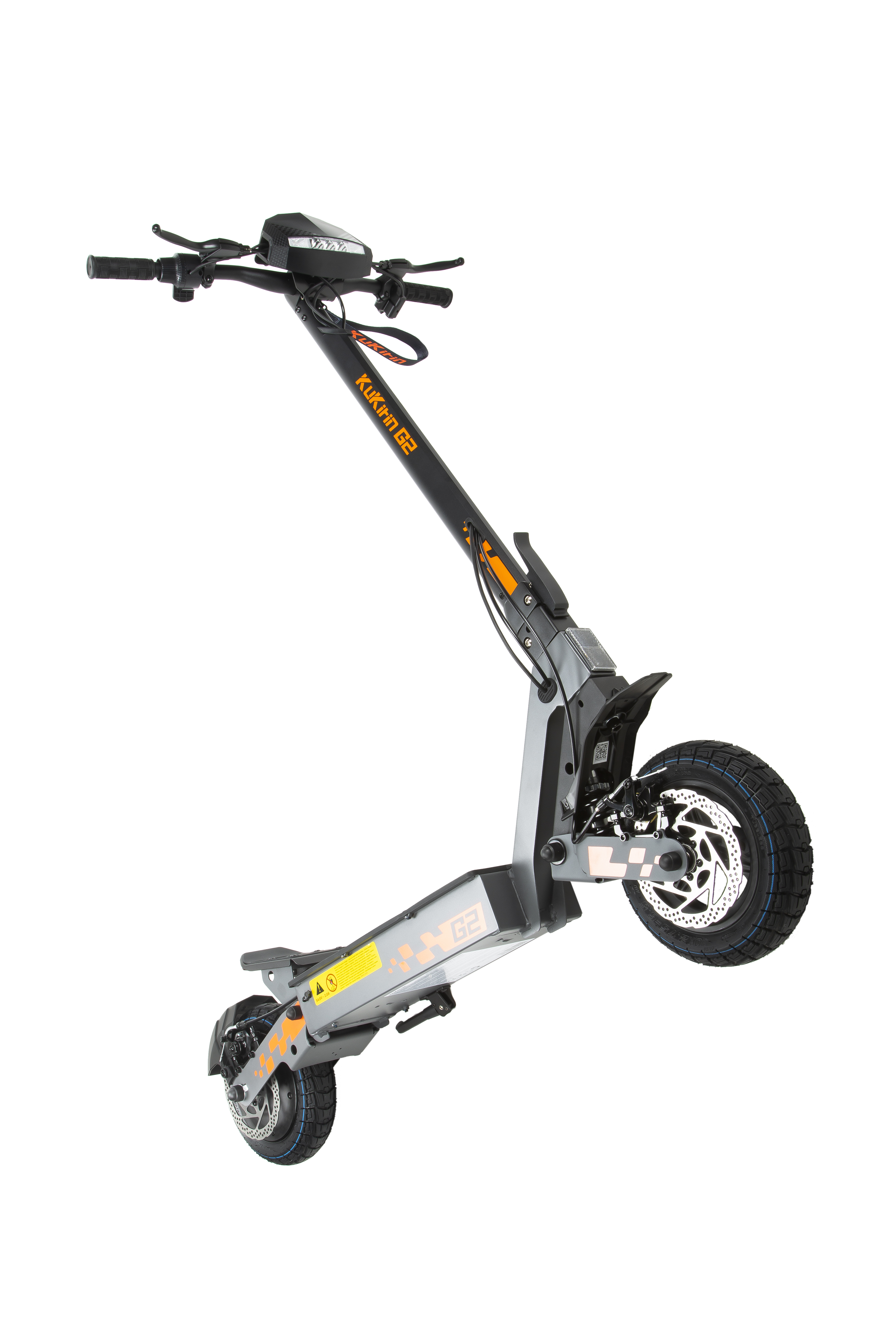 Monopattino elettrico grigio con accenti arancioni e pneumatici.