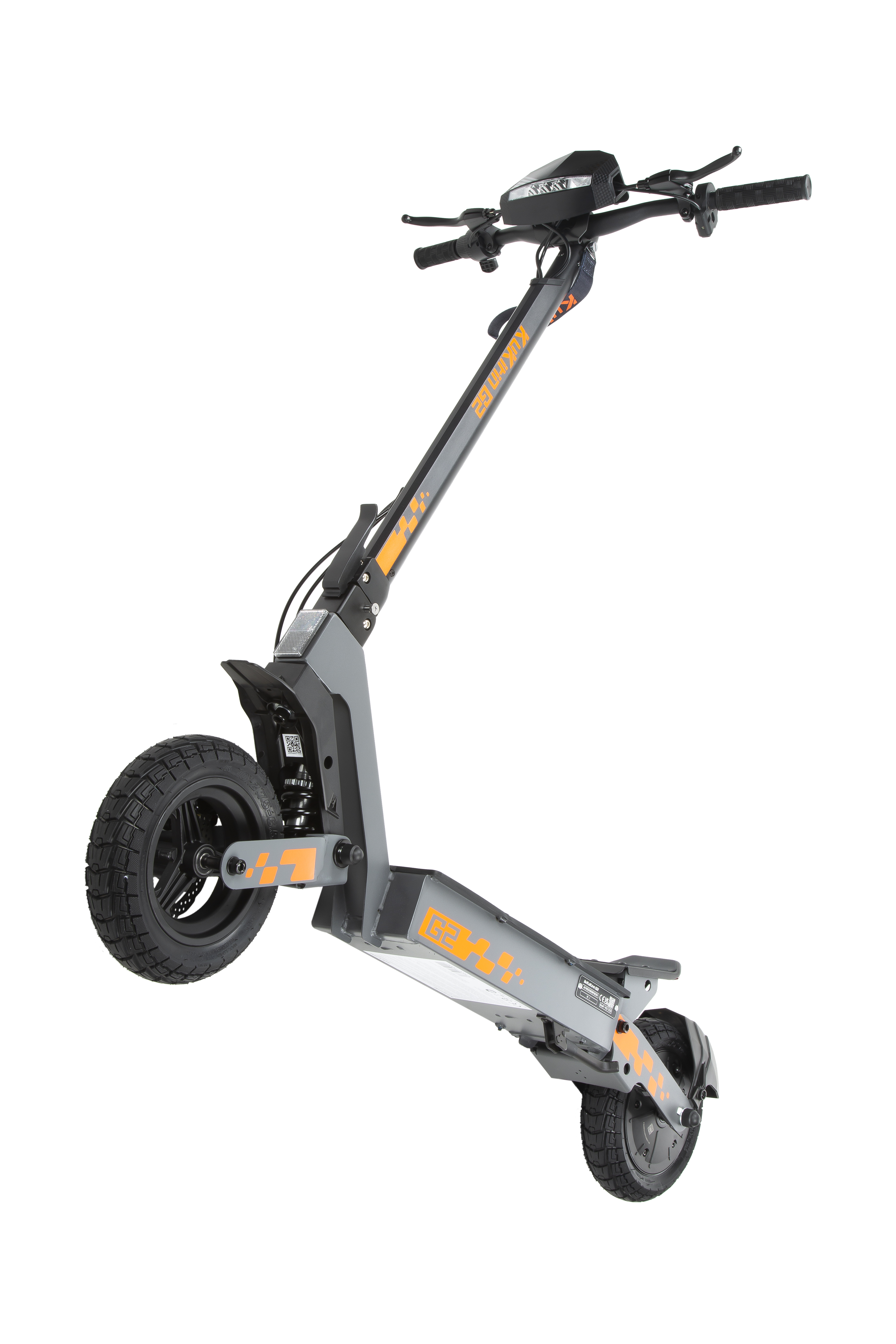 Monopattino elettrico grigio con accenti arancioni e pneumatici.