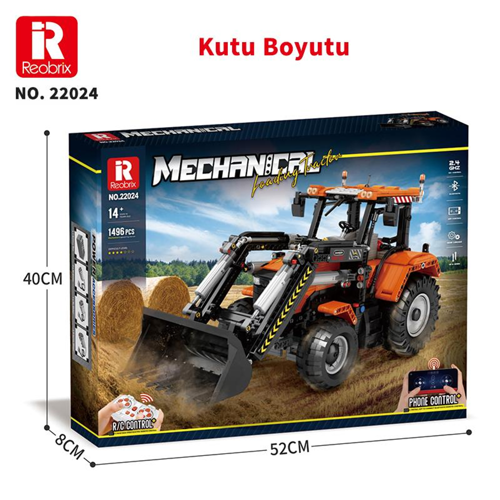 Turuncu uzaktan kumandalı traktör, yükleyici kovası, saman balyaları ve tarlası kutusu.