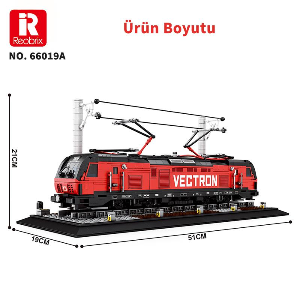 VECTRON yazılı kırmızı bir lokomotif modeli, ölçüleri 51x19x21cm.