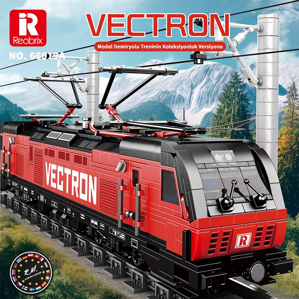 Dağ manzarası önünde "VECTRON" yazılı kırmızı ve siyah oyuncak tren.