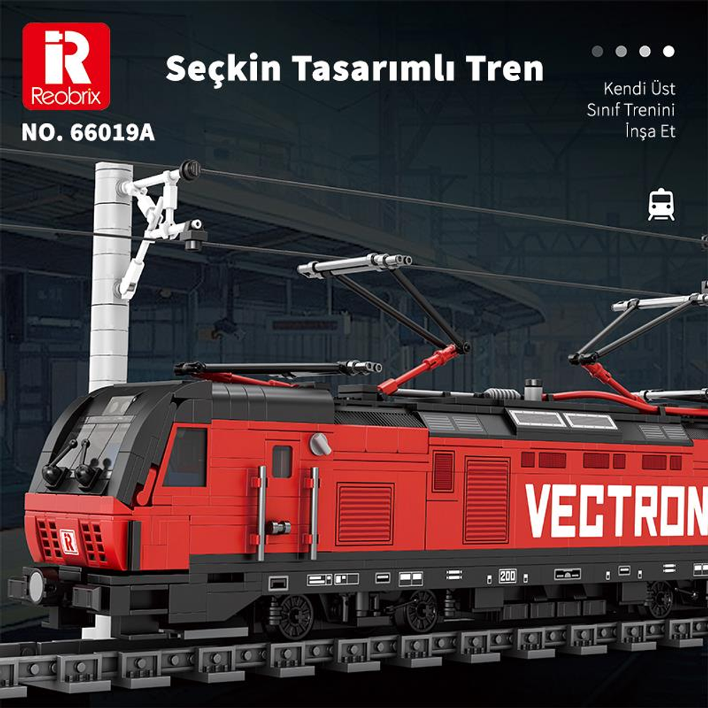 VECTRON yazılı, kırmızı ve siyah yapı taşı oyuncak tren.