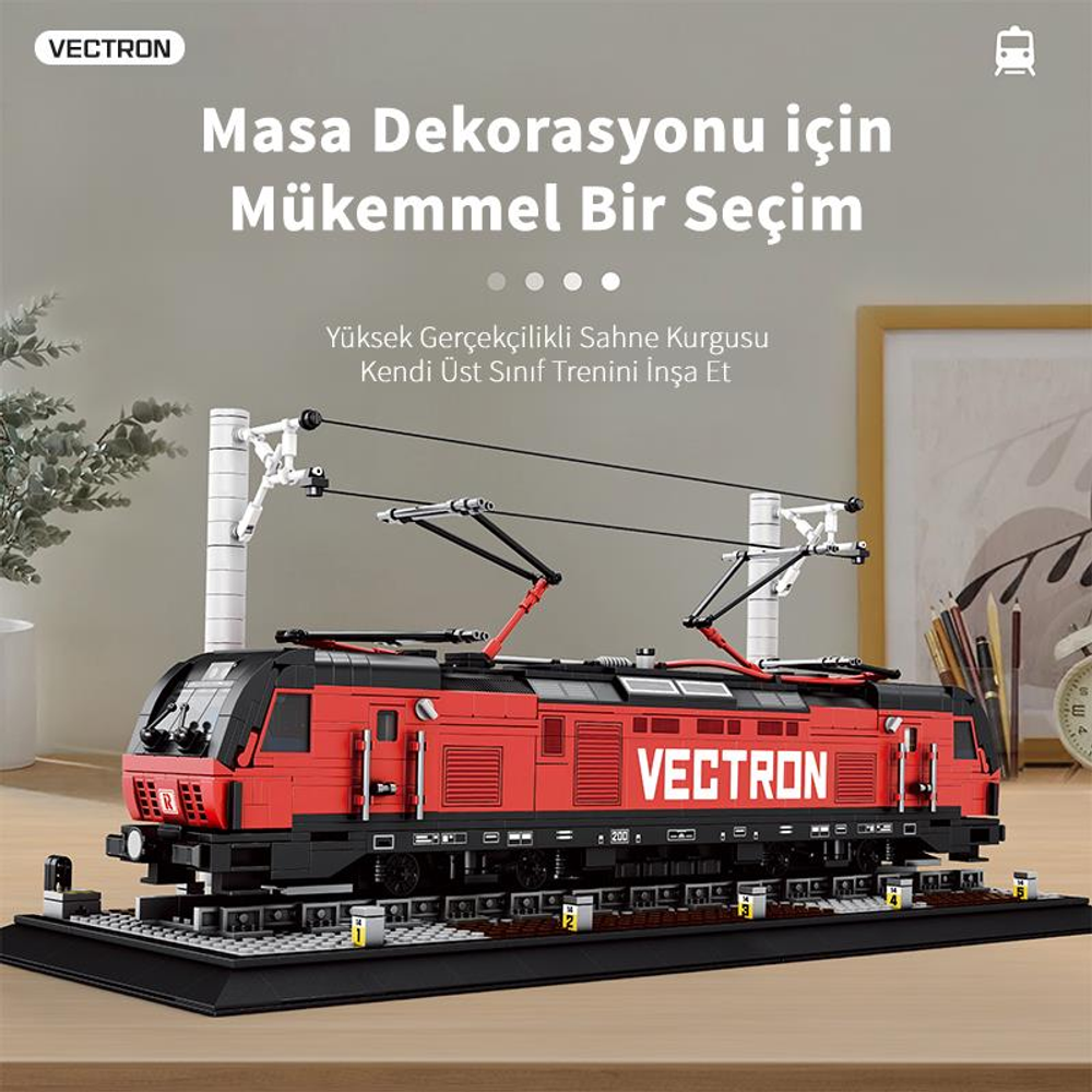 VECTRON yazılı kırmızı ve siyah bir elektrikli lokomotif modeli.
