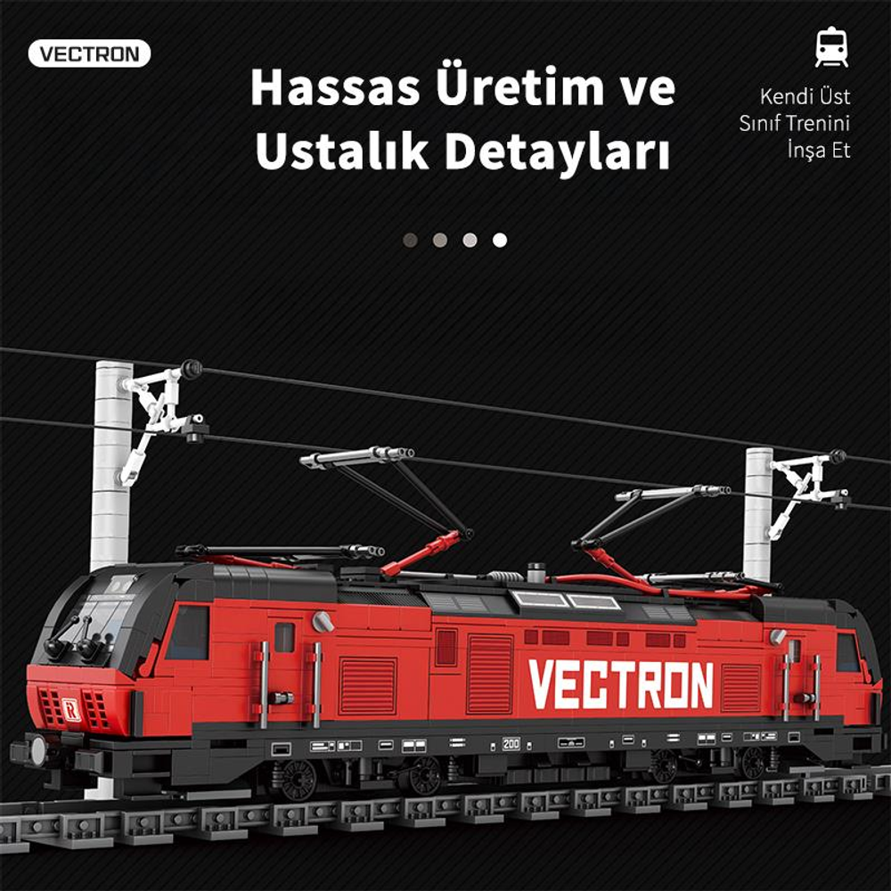 VECTRON elektrikli lokomotifin kırmızı ve siyah LEGO modeli.