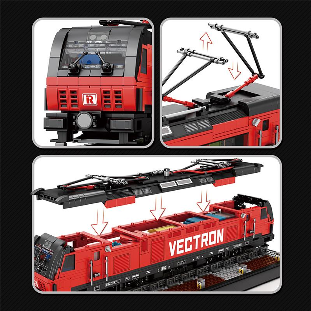 Pantograflı kırmızı ve siyah model elektrikli lokomotif.