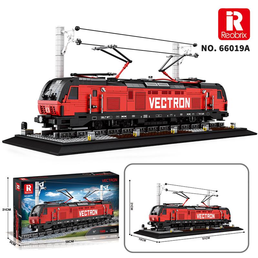 Kırmızı ve siyah Vectron model tren, taban üzerinde pantograflı.