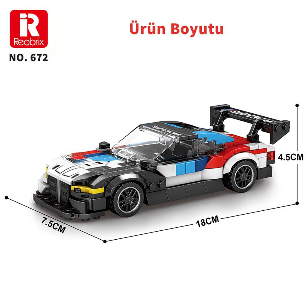 Reobrix No. 672 Lego tarzı süper araba modeli, 18x7.5x4.5cm, kırmızı, beyaz, mavi, siyah.