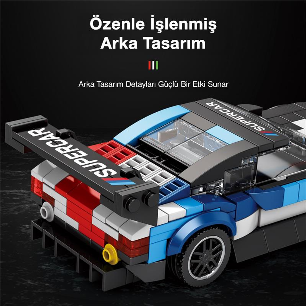Kırmızı, beyaz ve mavi yarış arka kısmına ve "SUPERCAR" etiketine sahip detaylı model araba.
