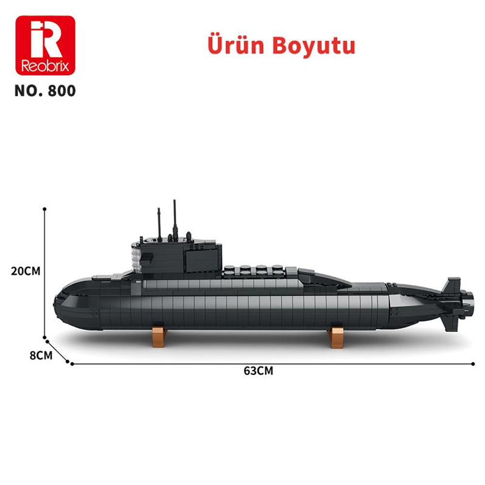 Boyutları olan siyah oyuncak denizaltı: 63cm uzunluk, 20cm yükseklik, 8cm genişlik.