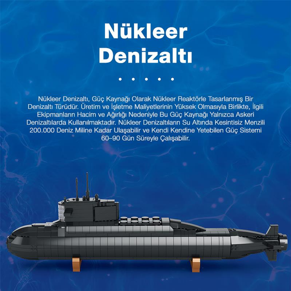Mavi arka planda detaylı yüzeye sahip siyah bir nükleer denizaltı modeli.