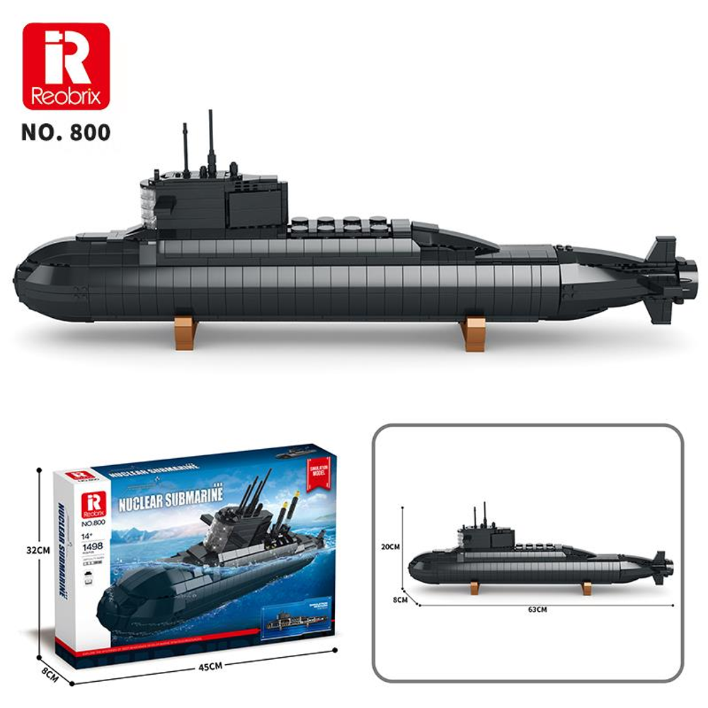 Bir stand üzerinde duran siyah bir nükleer denizaltı modeli.