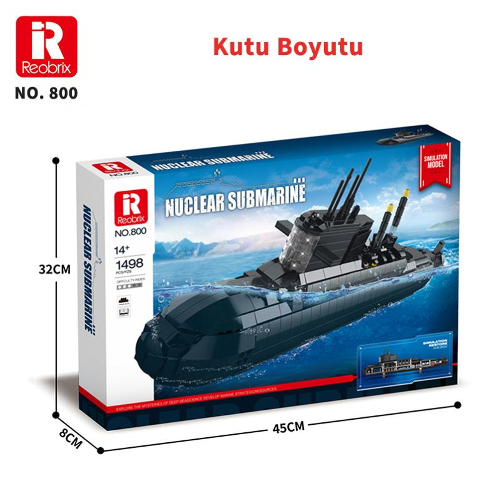 Reobrix nükleer denizaltı modelinin kutusu, boyutları 45x32x8cm.