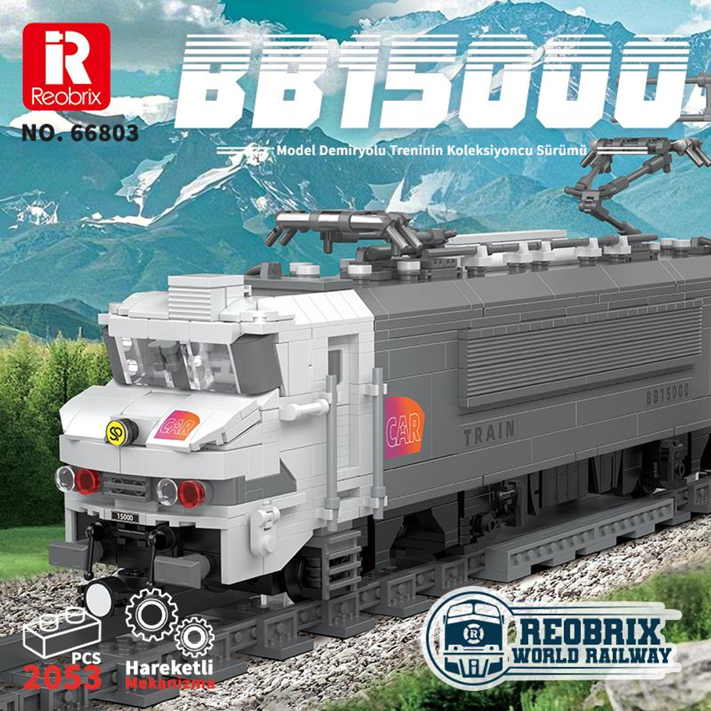 Arkada dağlar bulunan gri ve beyaz model tren. Reobrix logosu.