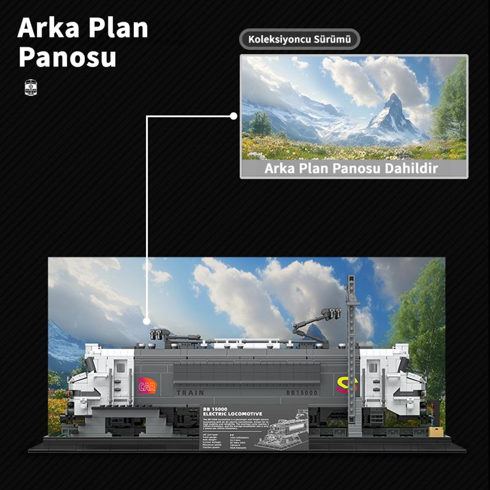 Dağ panoraması arka planlı, detaylı bir elektrikli lokomotif modeli.
