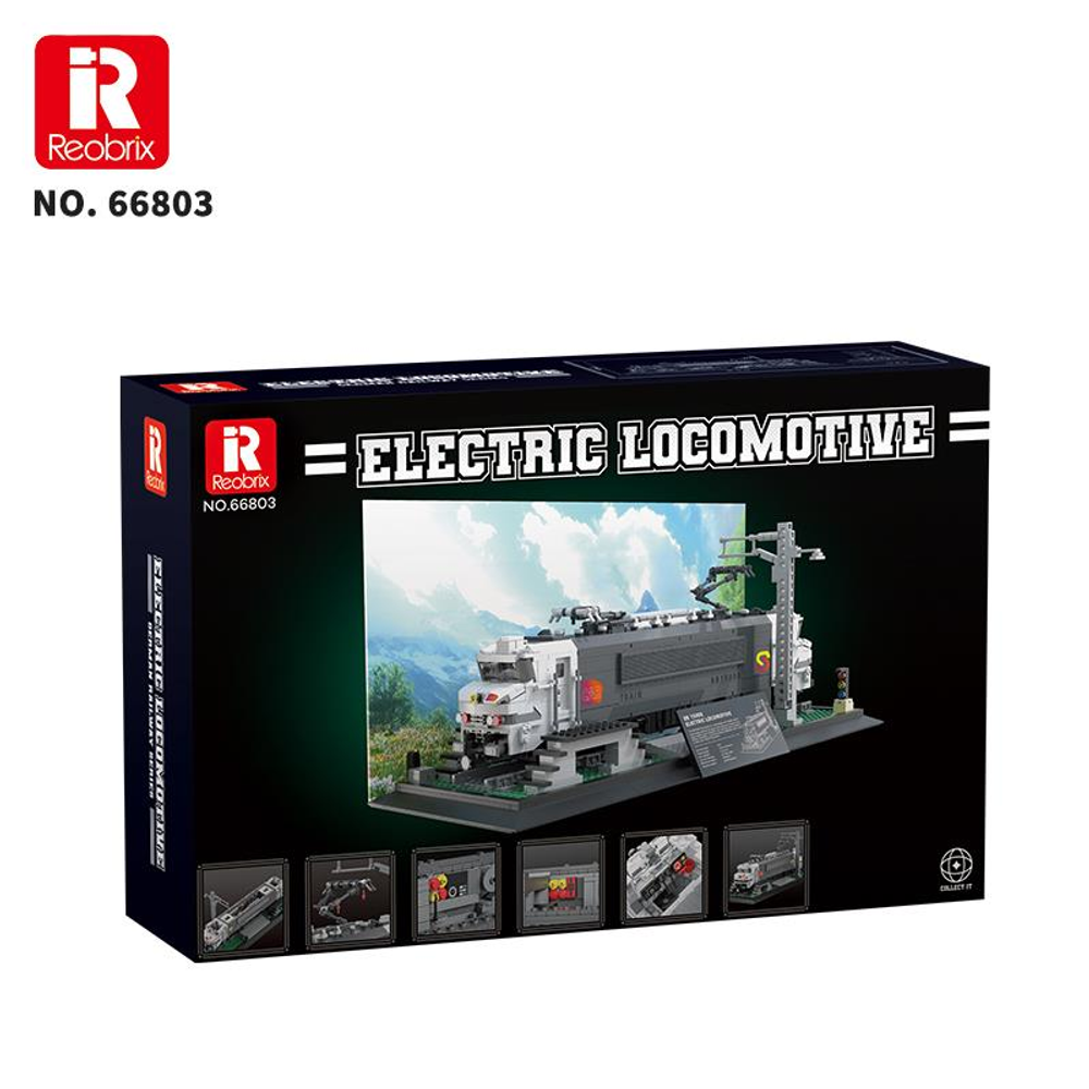 Elektrikli lokomotif yapım seti kutusu, model ve küçük resimler içerir.