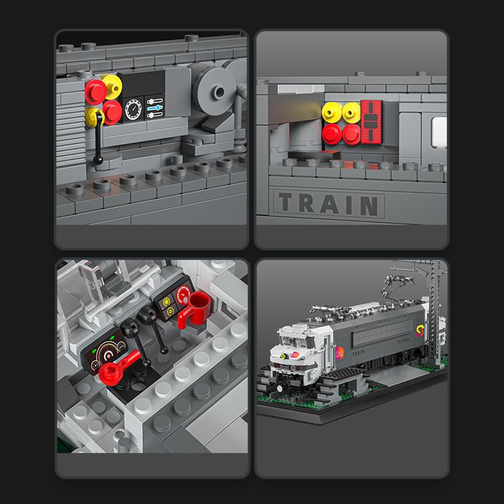 LEGO tren modelinin yakın çekim görünümleri: kontroller, "TRAIN" yazısı, kokpit ve bitmiş tren.