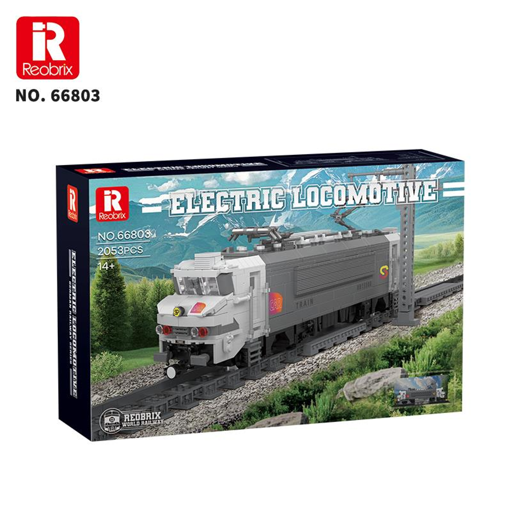 Reobrix elektrikli lokomotif yapım kutusu. Raylarda beyaz ve gri tren.