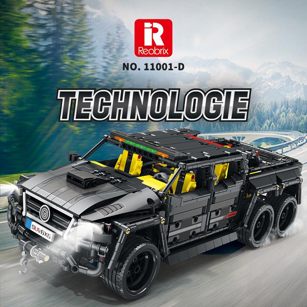 Sarı koltuklu siyah, altı tekerlekli SUV yapboz modeli.