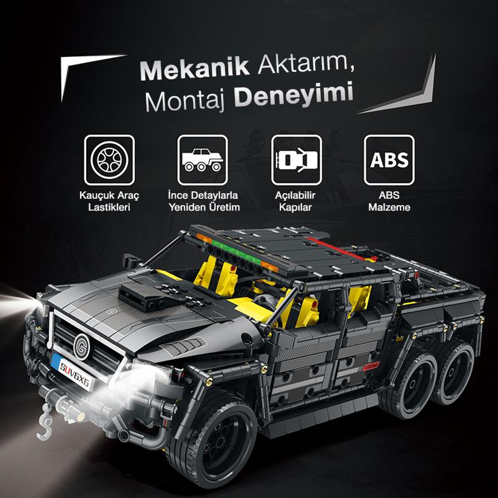 Sarı vurgulu, aydınlatmalı farlara sahip siyah tuğla model araba.