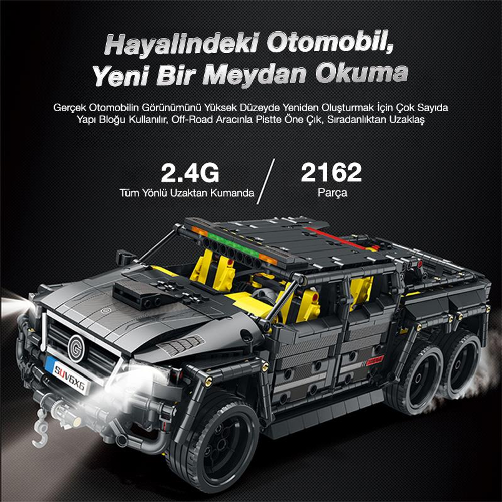 Siyah ve sarı uzaktan kumandalı arazi aracı oyuncak, ışıkları açık.