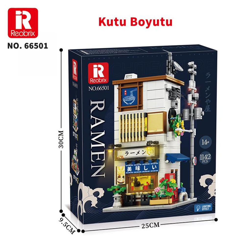 Reobrix Ramen yapı blok seti, 1142 parça, 14+ yaş için. Kutu boyutları gösteriyor.