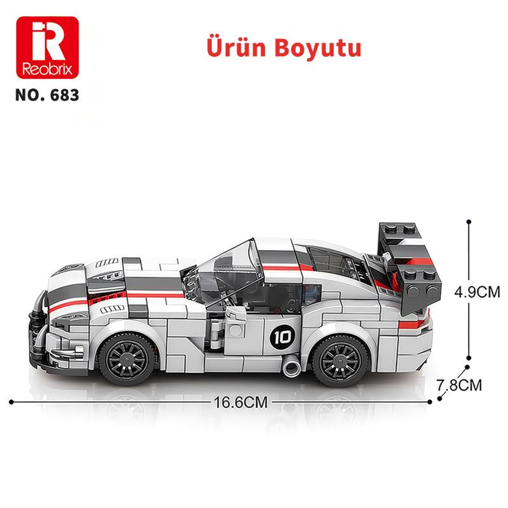 Kırmızı ve siyah şeritli gri Lego araba, 10 numara, U 16,6cm, Y 4,9cm, G 7,8cm.