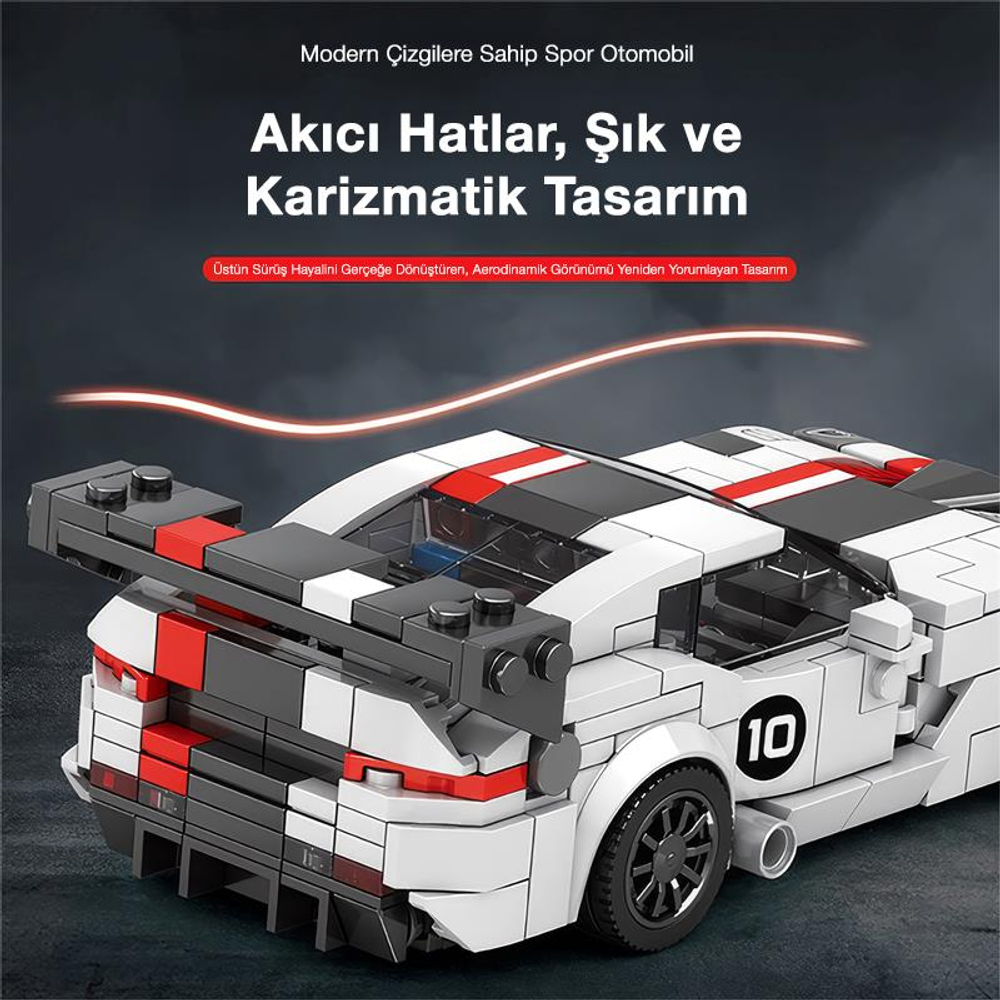 10 numaralı beyaz, siyah ve kırmızı Lego spor araba.