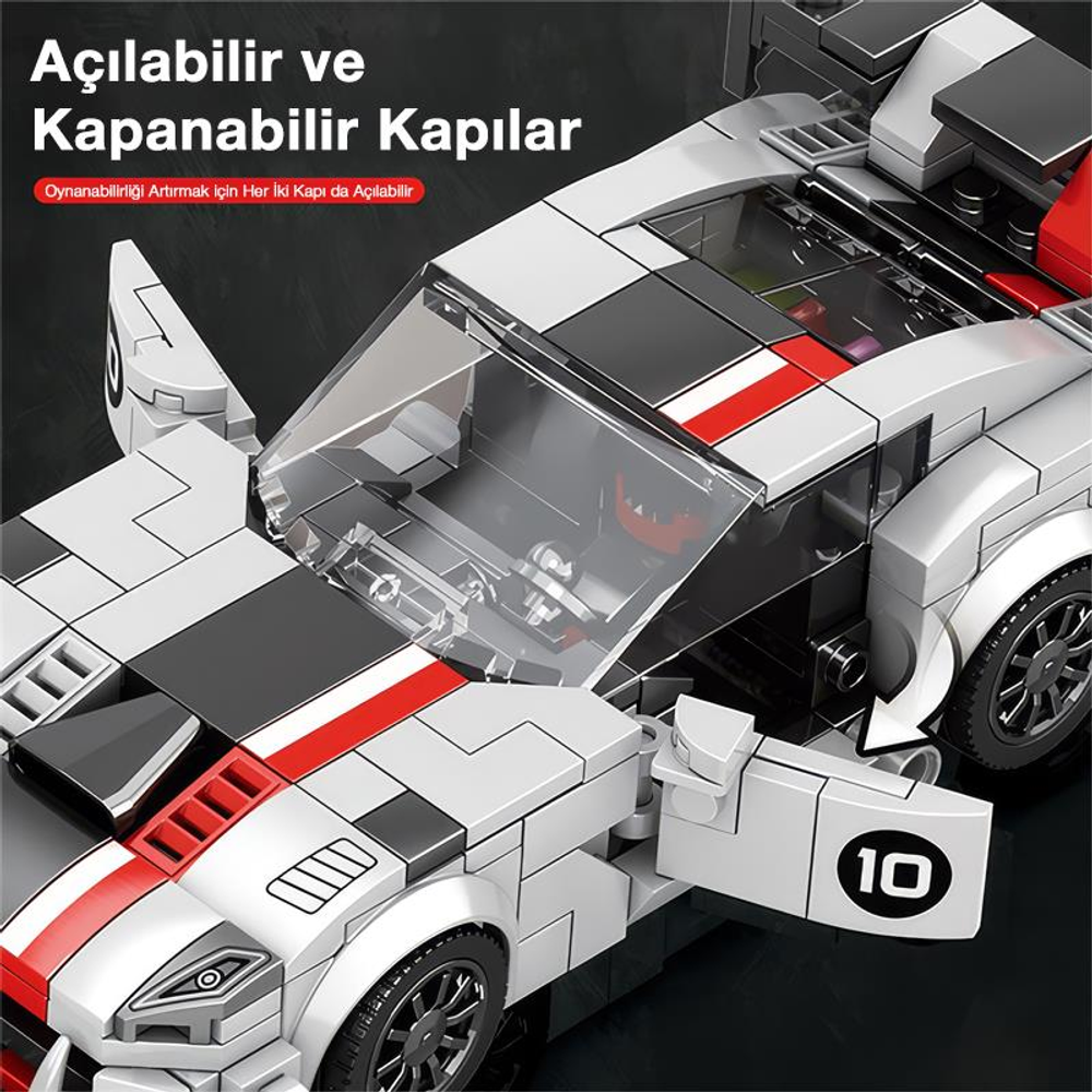 10 numaralı kapısı açık gri ve beyaz Lego yarış arabası.