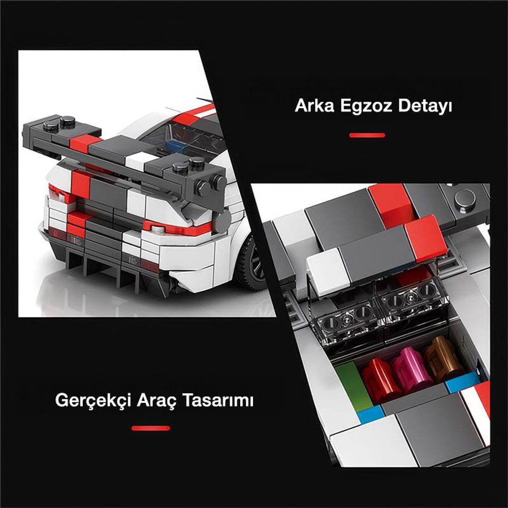Detaylı arka ve motor bölmesine sahip beyaz, gri ve kırmızı Lego araba.