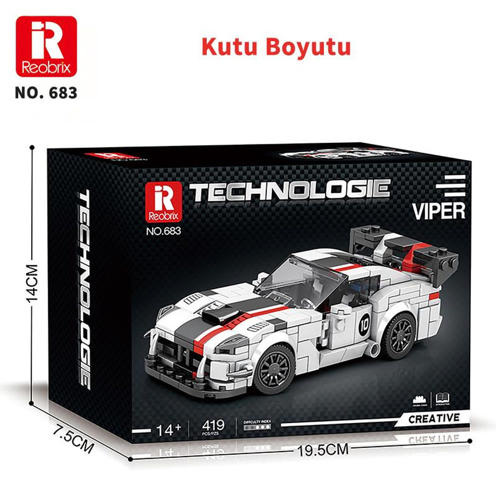 Viper model beyaz ve kırmızı oyuncak araba kutusu, boyutları gösterilmiş.