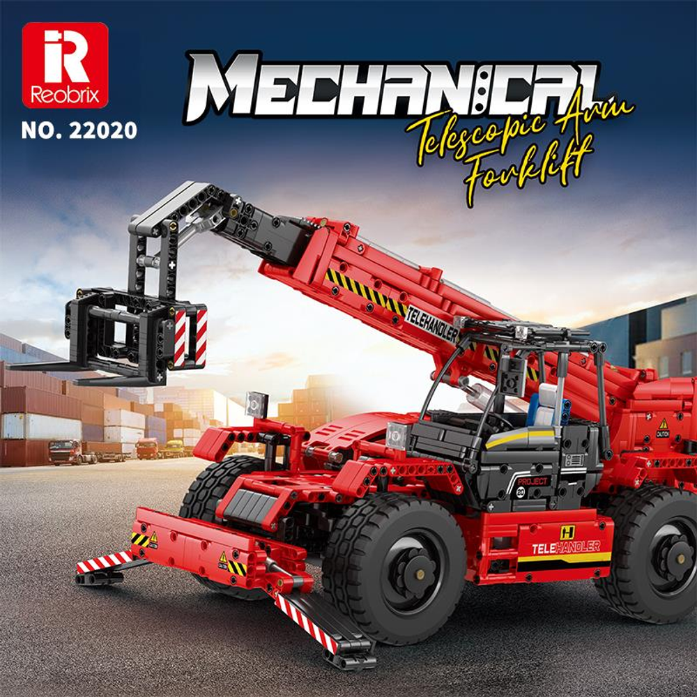 Yapı bloklarından yapılmış kırmızı mekanik teleskopik forklift, park alanında.