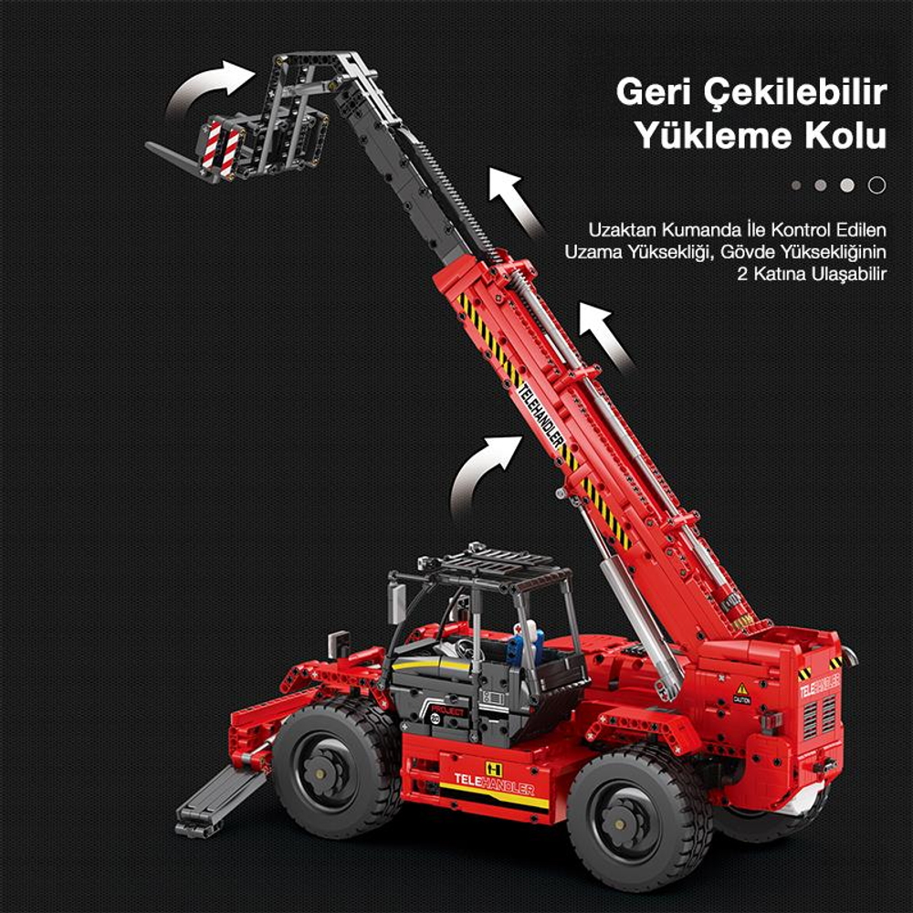 Uzatılabilir kollu kırmızı, uzaktan kumandalı telehandler inşaat oyuncağı.