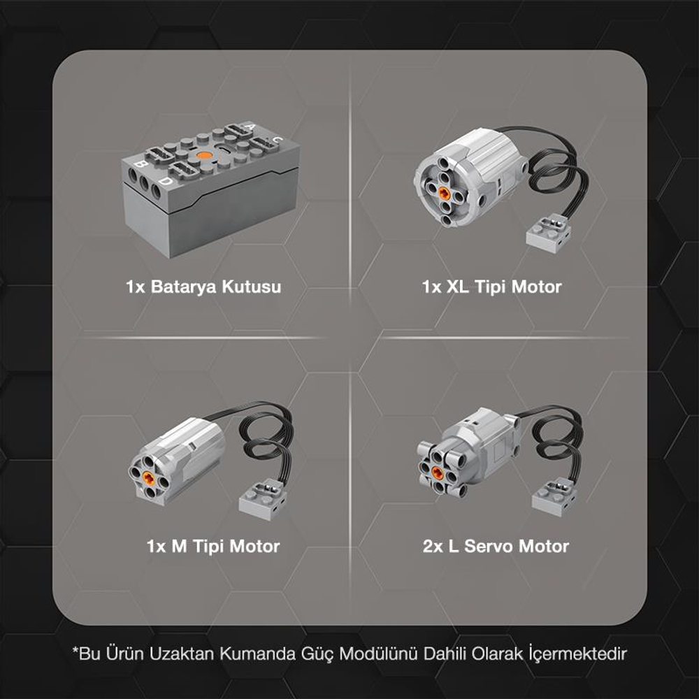 Gri batarya kutusu, gümüş XL motor, gümüş M motor, gümüş L servo motor.