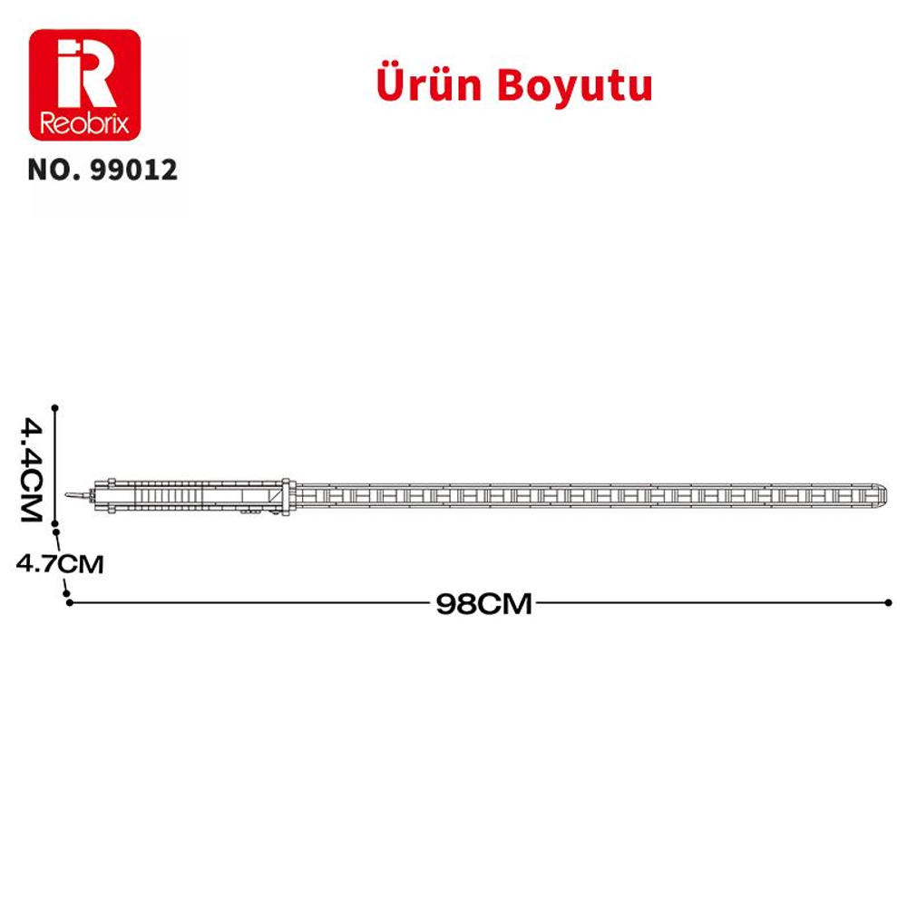 4,4 cm, 4,7 cm ve 98 cm boyutlarında uzun, ince bir nesne.