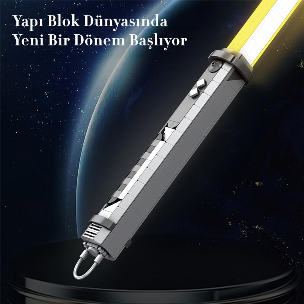 Arka planda Dünya'nın olduğu, bloklardan yapılmış sarı bir ışın kılıcı.
