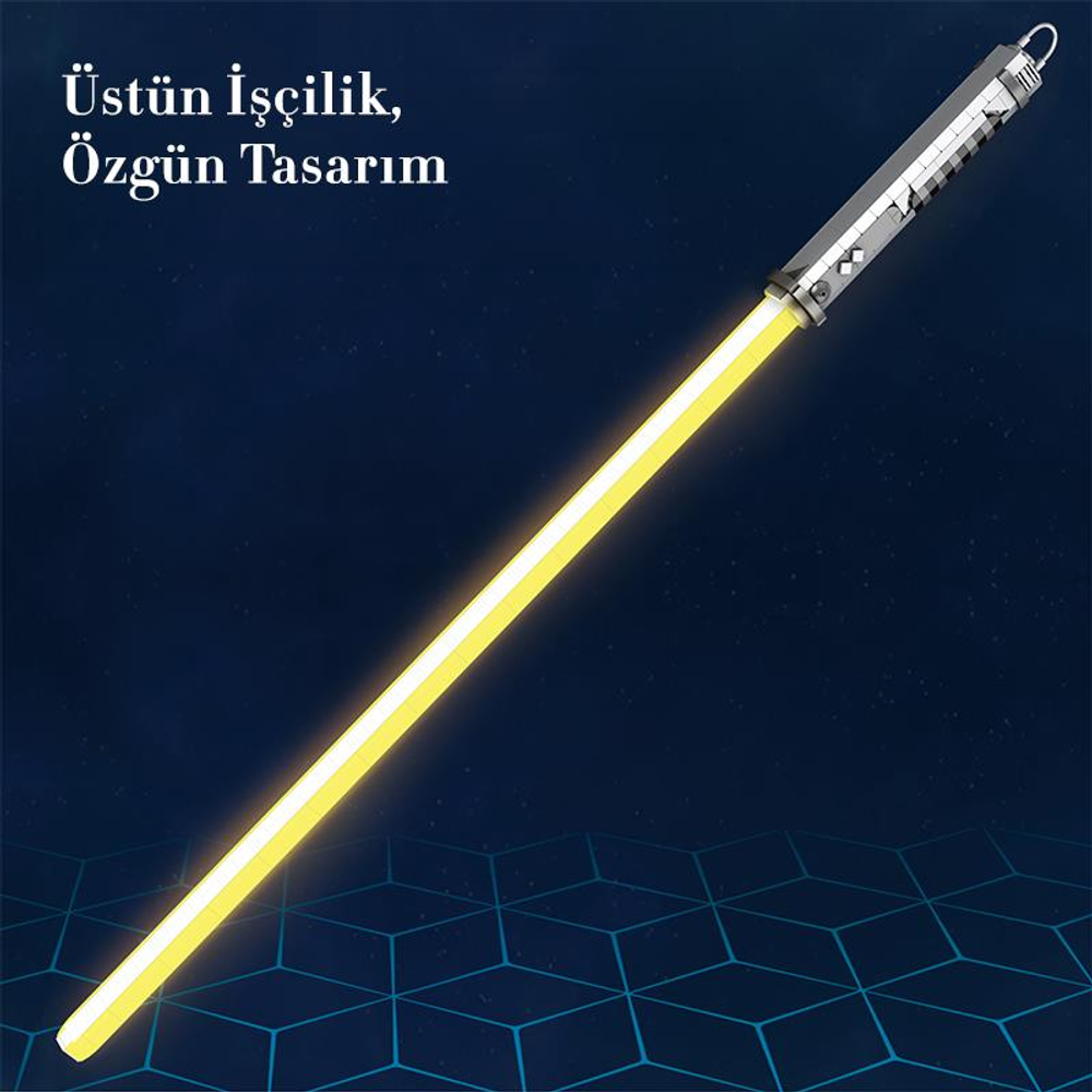 Koyu, yıldızlı bir arka plana karşı sarı bıçaklı bir ışın kılıcı.