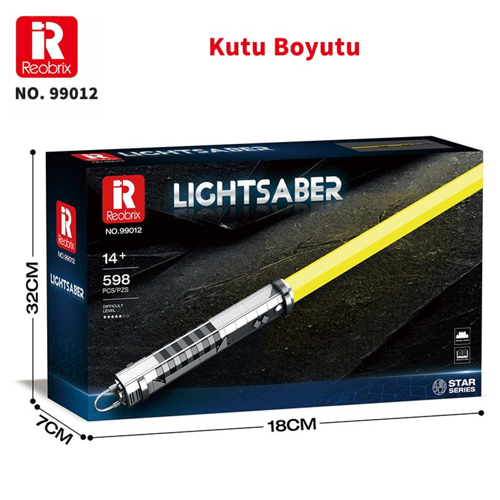 Sarı bıçaklı Reobrix ışın kılıcı kutusu, boyutları 32x18x7 cm.