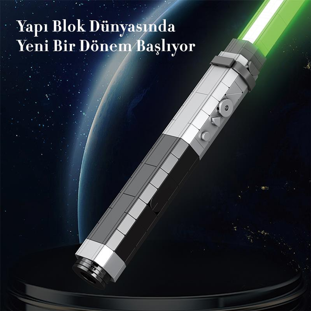 Dünya ve uzay arka planında, yapı bloklarından yapılmış yeşil bir ışın kılıcı.