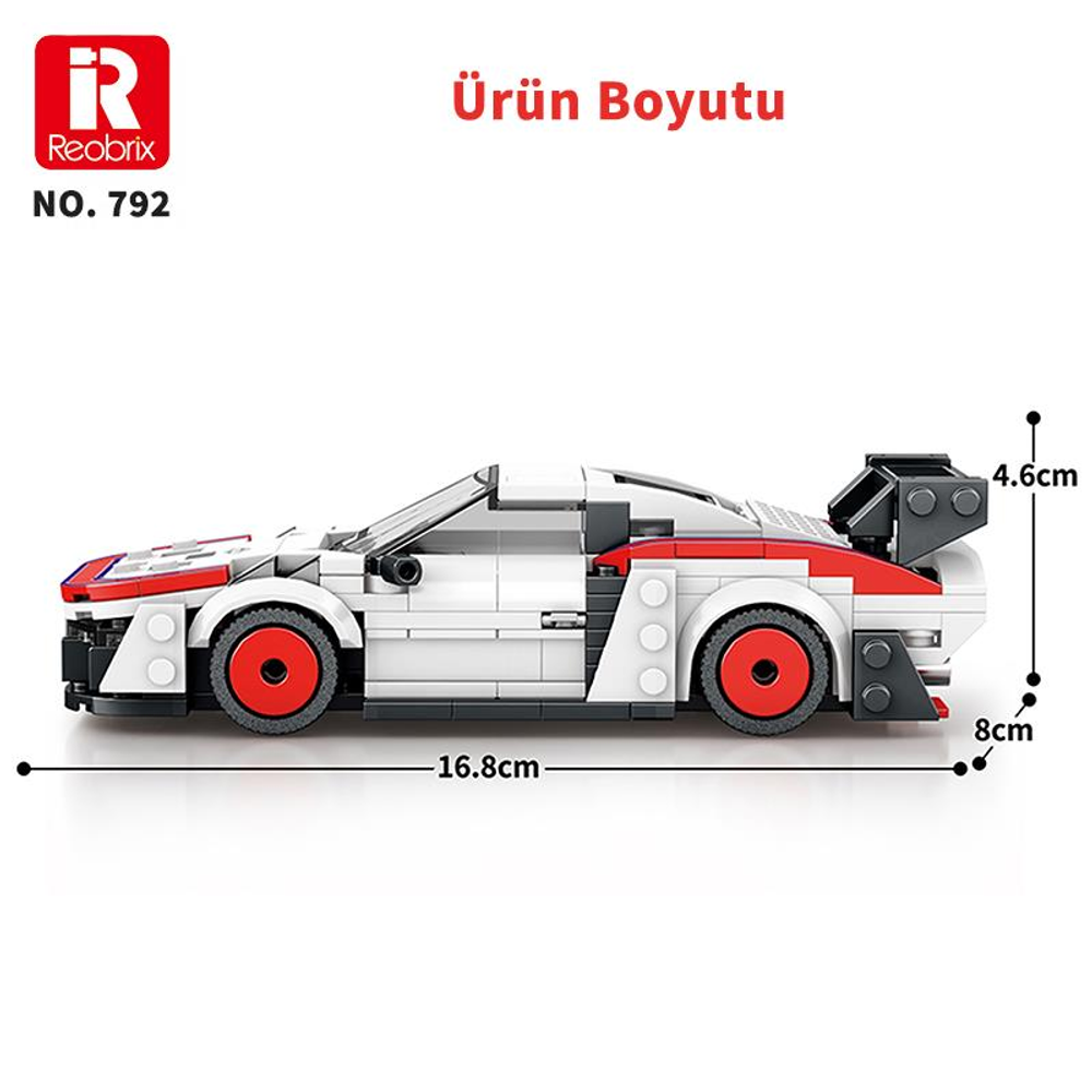 Beyaz ve kırmızı Lego tarzı yarış arabası modeli, 16,8 cm uzunluğunda, 8 cm yüksekliğinde.