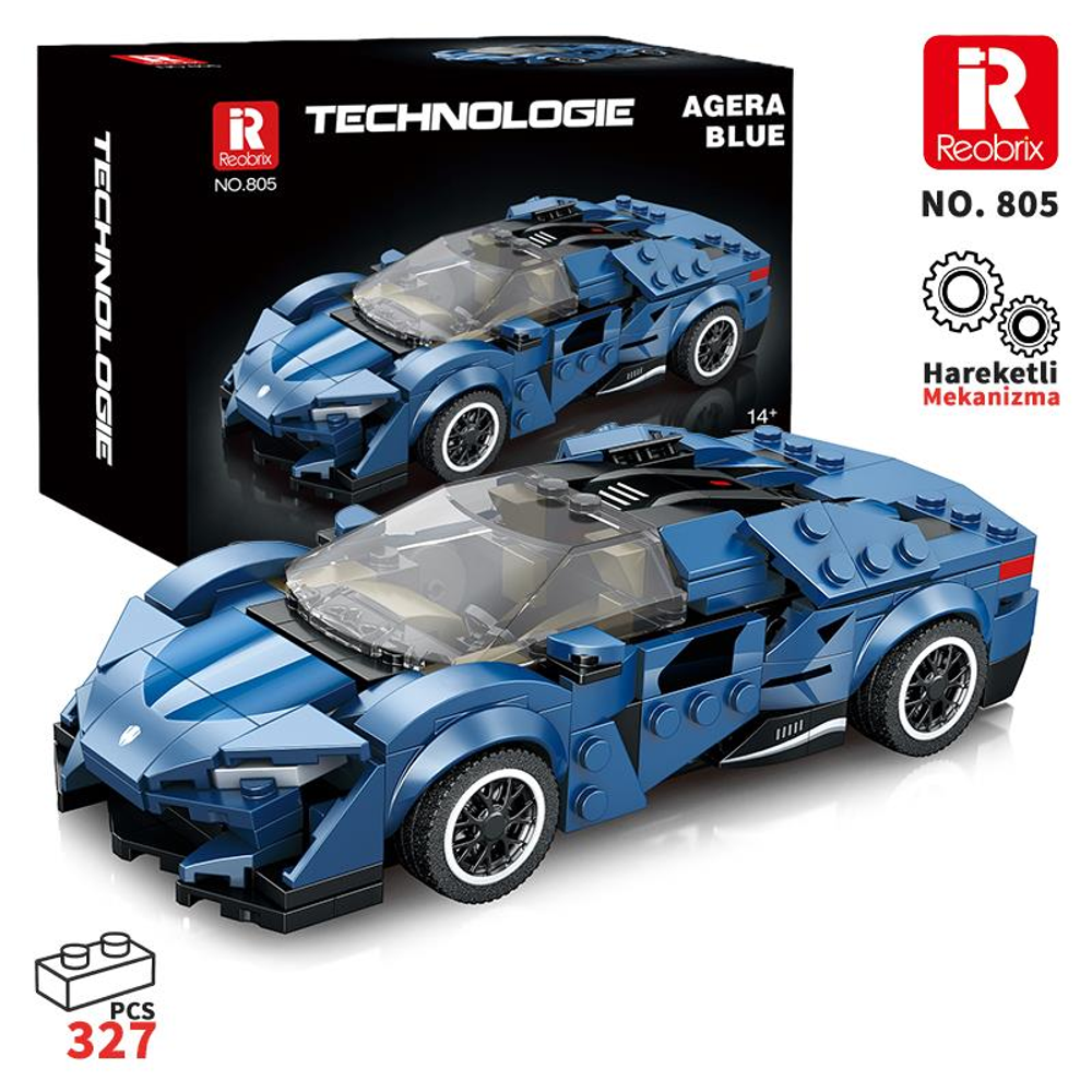 Mavi Reobrix Agera spor araba yapım oyuncağı modeli, kutusuyla birlikte.
