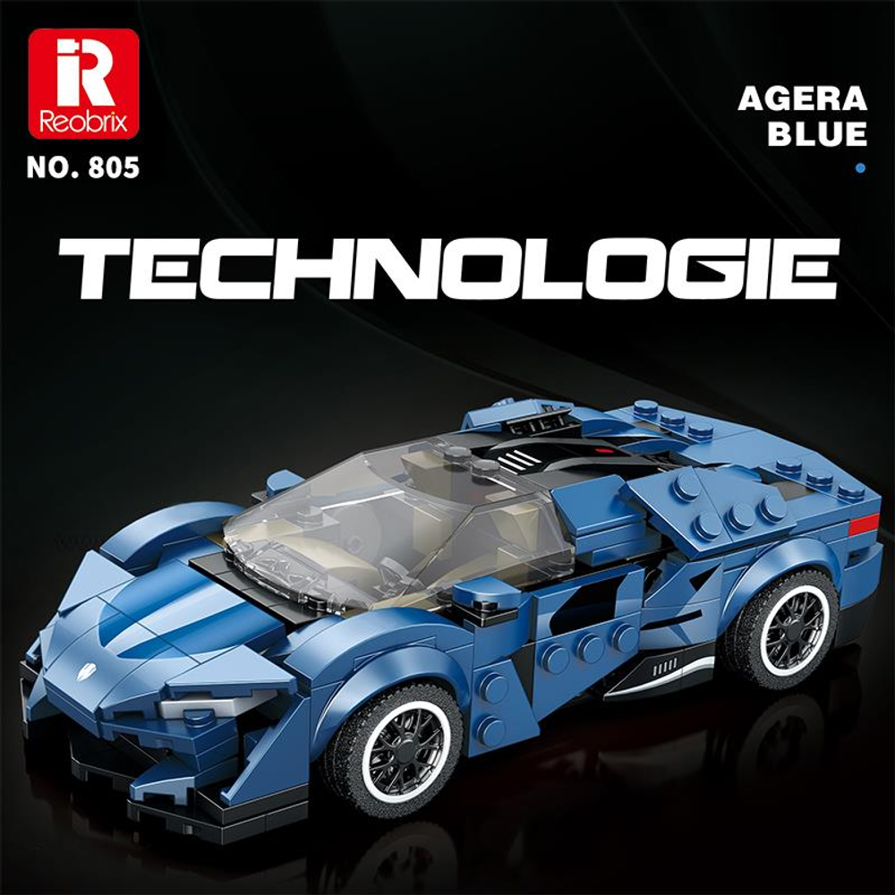Şeffaf tavanlı ve "Technologie" yazılı mavi Lego spor araba.