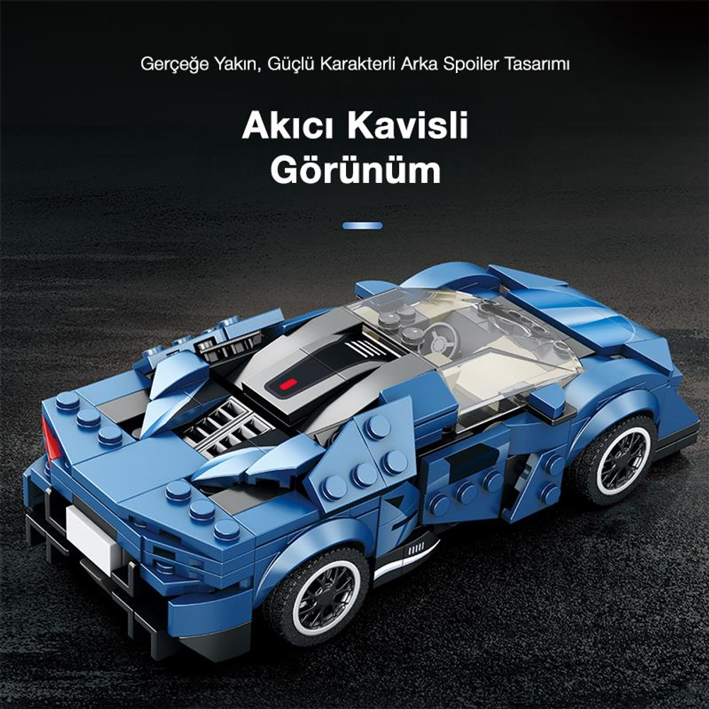 Şeffaf tavanlı ve siyah tekerlekli mavi Lego spor araba modeli.