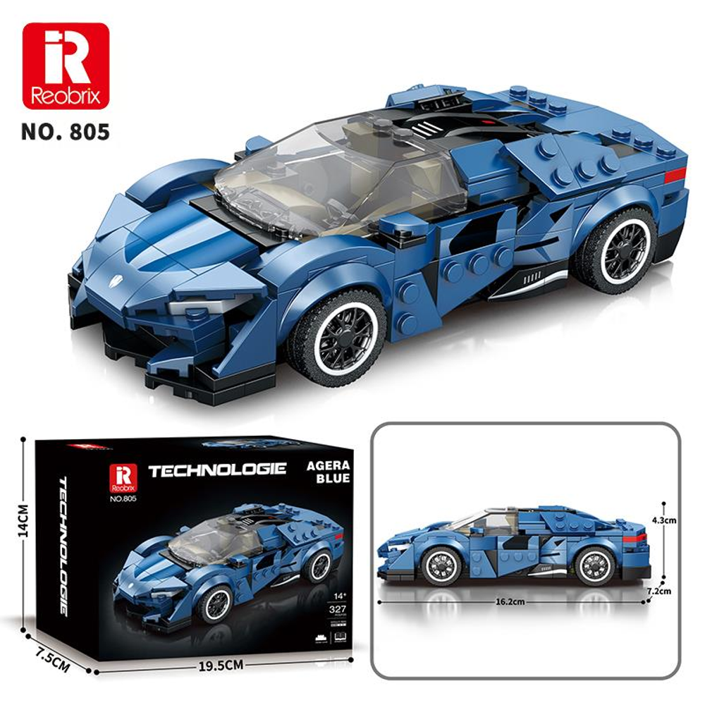 Şeffaf tavanlı ve siyah jantlı mavi bir Lego spor araba.