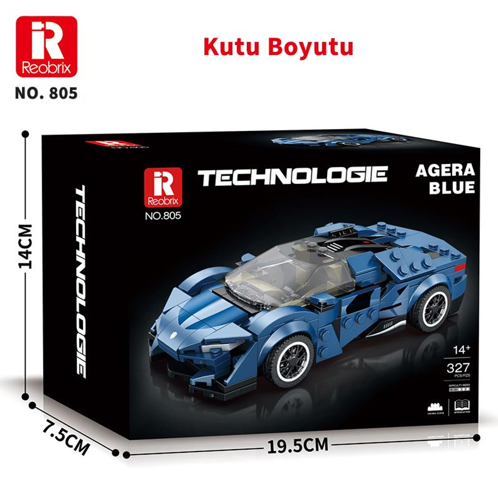Mavi Technic oyuncak araba kutusu, 805 model, 327 parça.