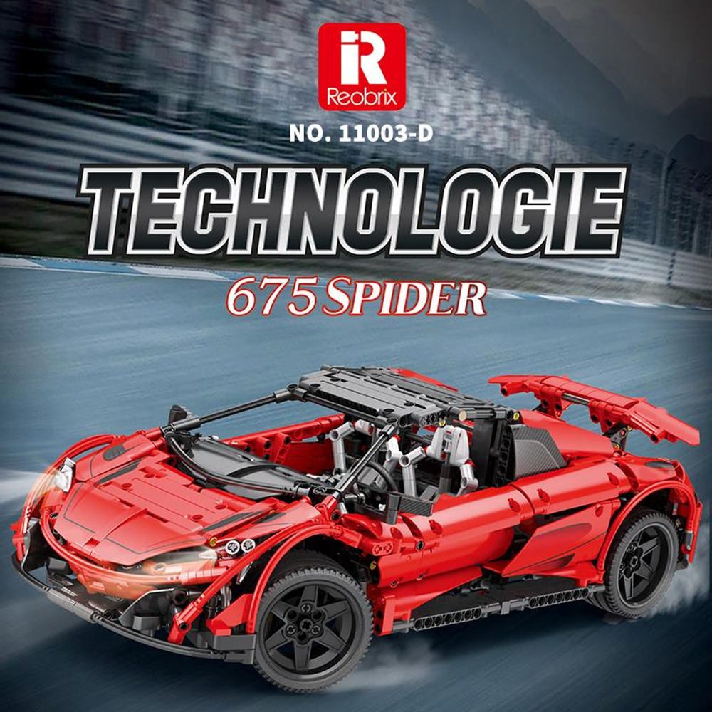 Yarış pistinde hareket bulanıklığı olan kırmızı bir Technic 675 Spider araba modeli.